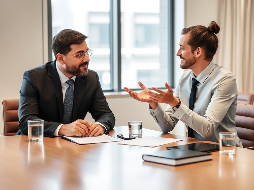 two professionals discussing salary at a meeting table