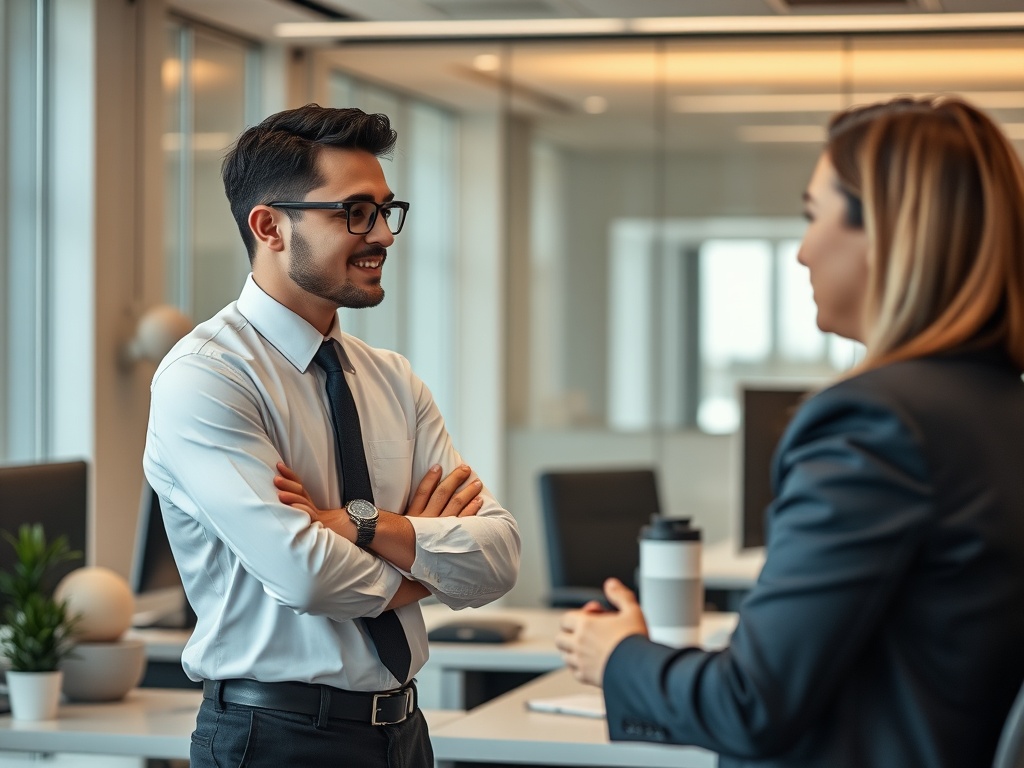 professional office scene, employee confidently speaking to manager, clean modern workspace, warm lighting, subtle corporate environment