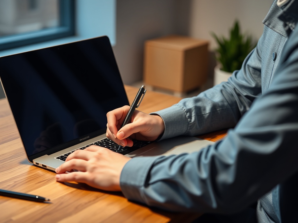professional person writing structured update on laptop, clear organized notes, calm focused expression, modern desk setup