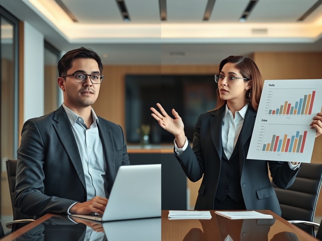 split scene showing two employees, one giving vague update, one presenting clear results with charts, contrast in clarity and confidence, corporate meeting room