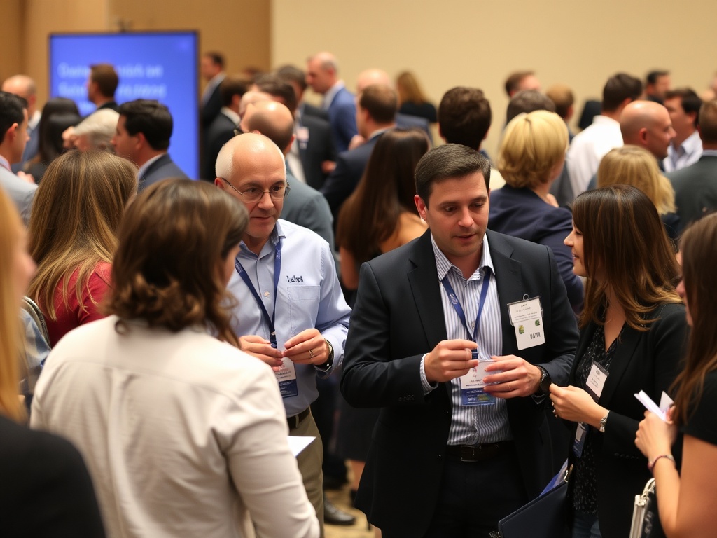 A group of professionals networking at an event, exchanging ideas and business cards.