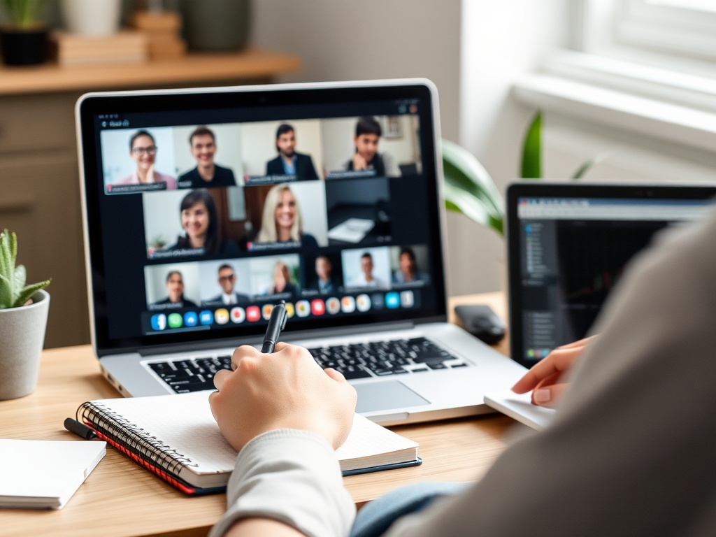 A person attending an online webinar, learning new skills with a notebook and a laptop.
