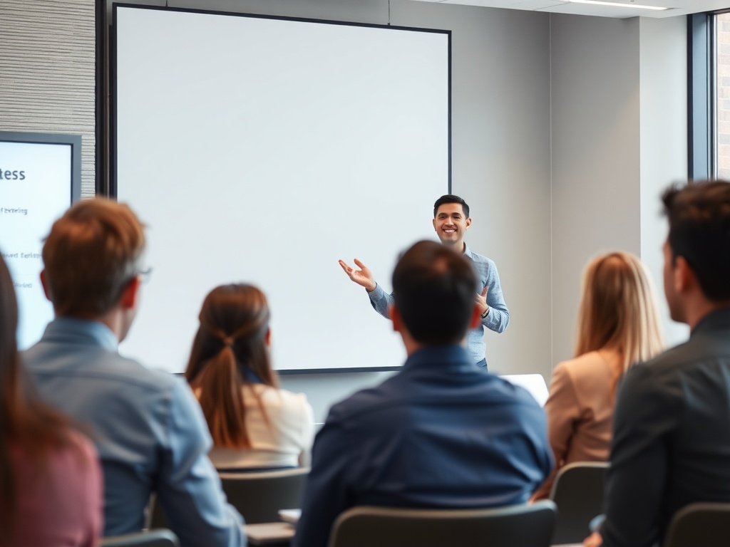 A person delivering a presentation confidently to a group of colleagues.