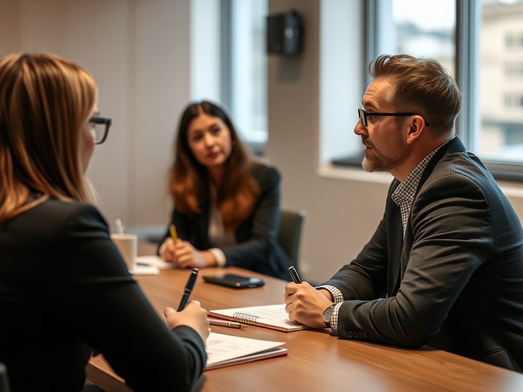 A person in a meeting receiving feedback from a colleague, writing notes to improve their work.
