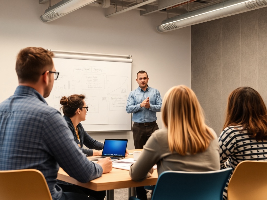 A person leading a team meeting, guiding a group through a project discussion.