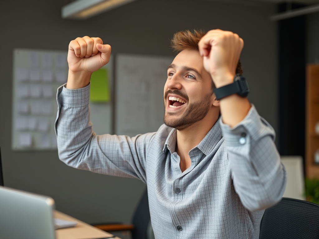 A person overcoming a difficult challenge at work, feeling accomplished after solving a tough problem.