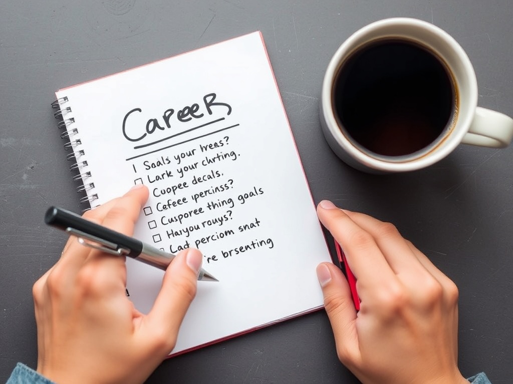 A person writing down career goals on a notepad with a cup of coffee beside them.