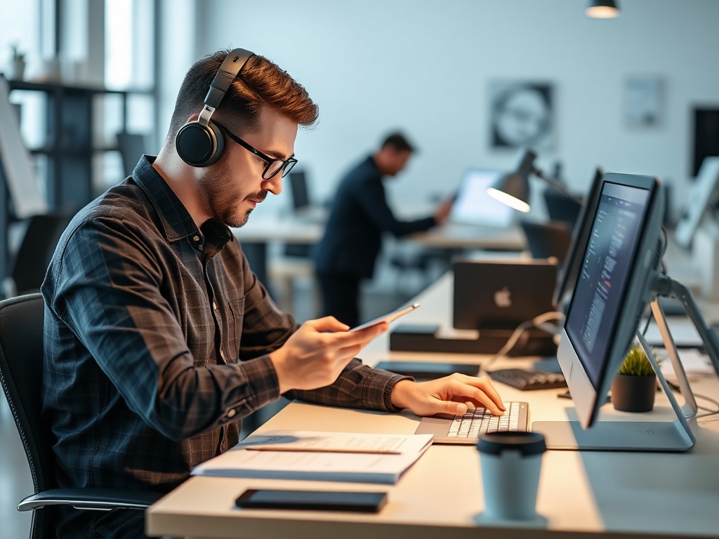 A professional adapting to new technology at work, integrating new tools into their workflow.