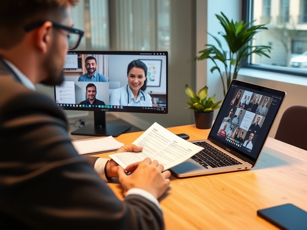 A professional setting showing someone working at their desk, engaging in a video call while reviewing documents on a laptop.