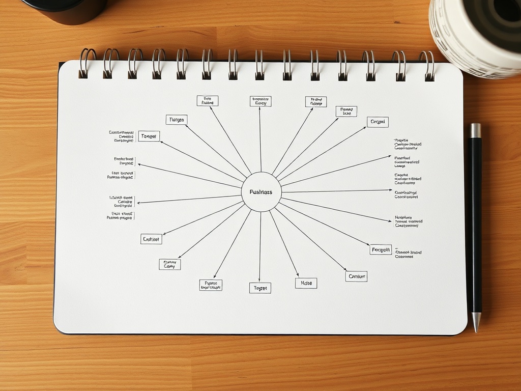 clean diagram of interconnected systems on notebook, minimal aesthetic