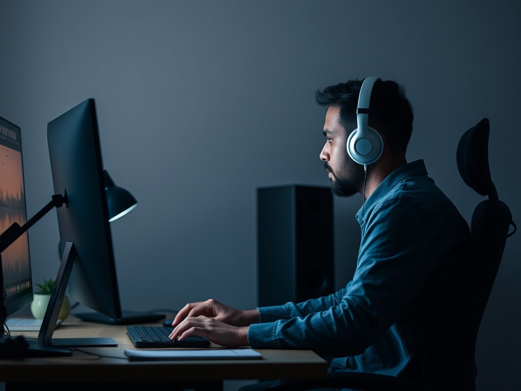 focused person working at desk with headphones, minimal distractions, soft lighting