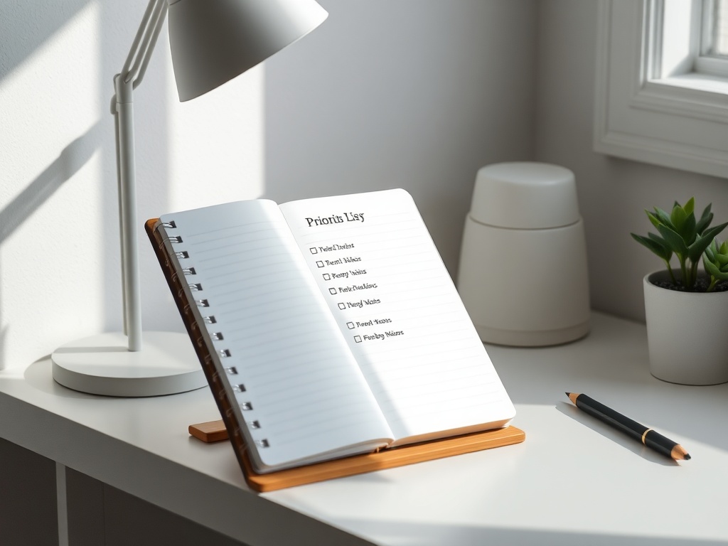 minimal desk with notebook showing priority list, calm focused workspace, natural light