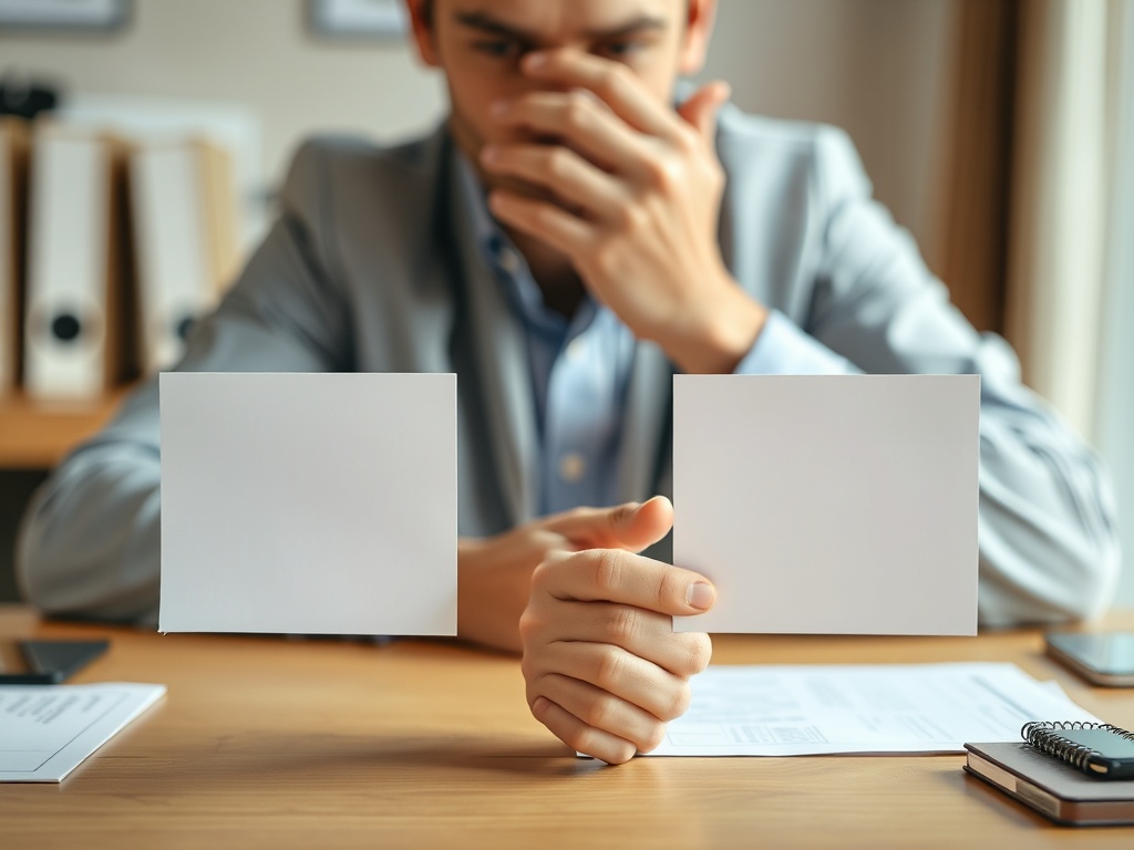 person choosing between two options on desk, thoughtful but decisive moment