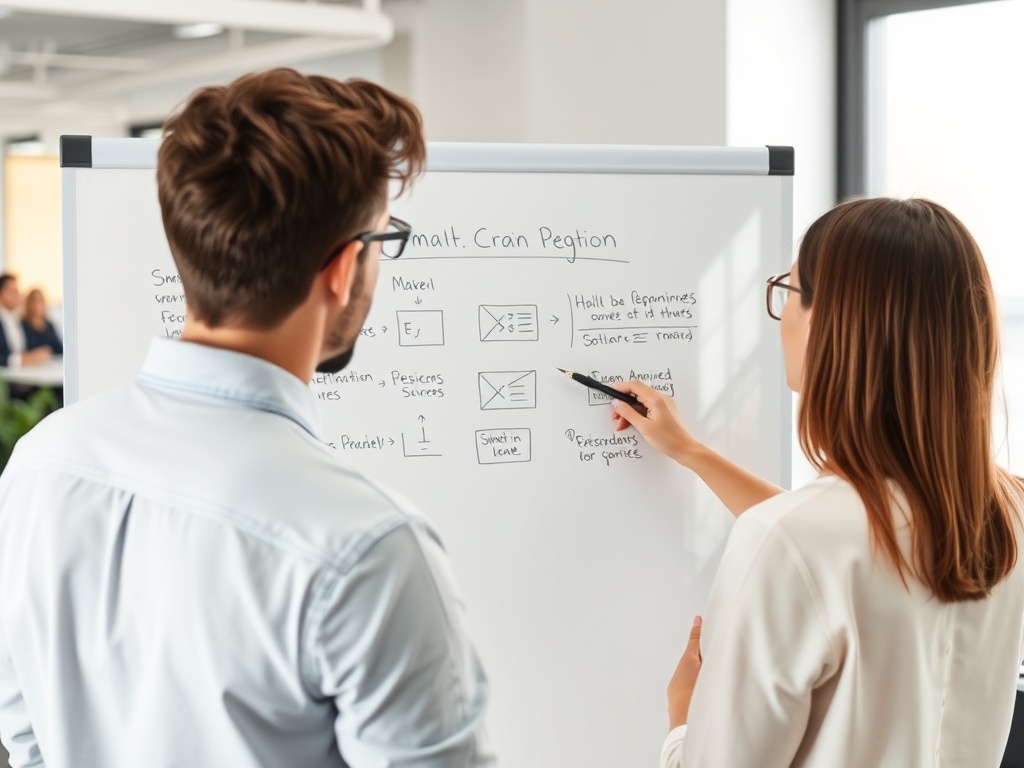 person explaining idea on whiteboard to small team, clean modern office, focused expressions