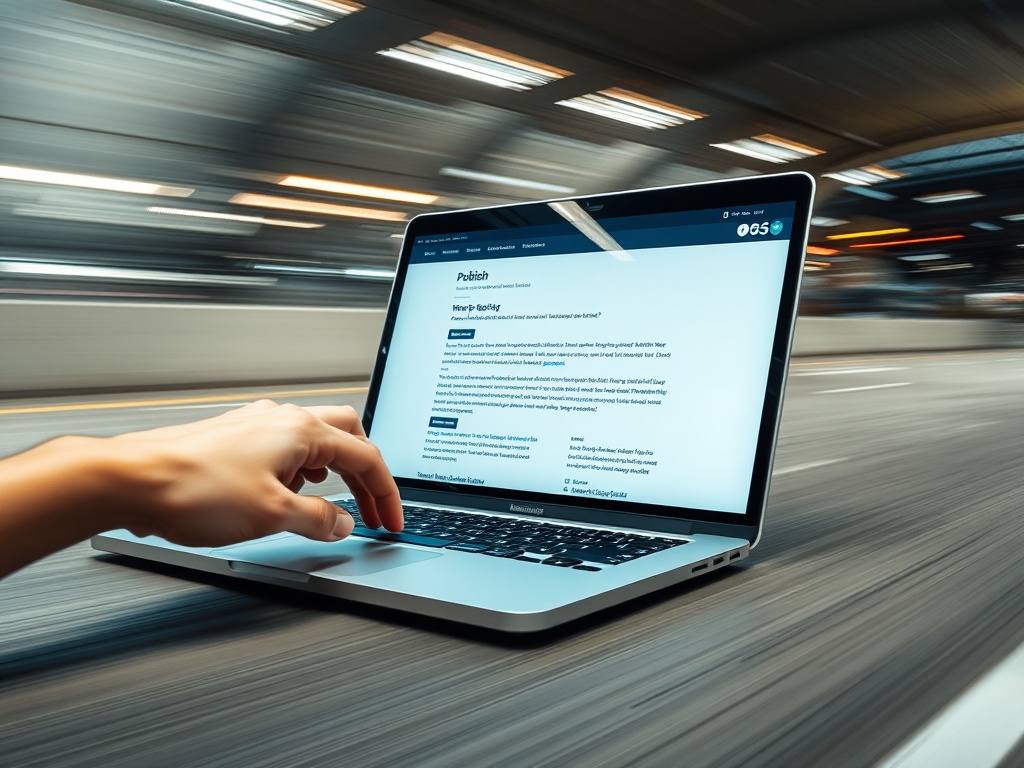 person hitting publish on laptop, motion blur, sense of speed and momentum