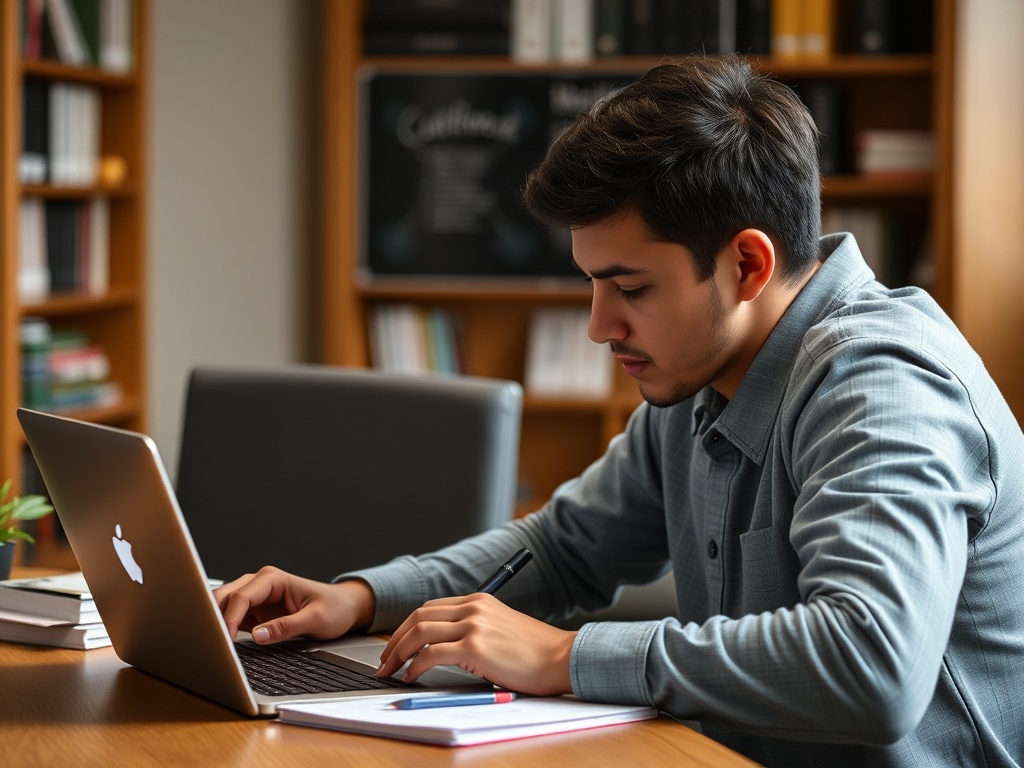 person studying with laptop and notes, structured learning environment, calm focus