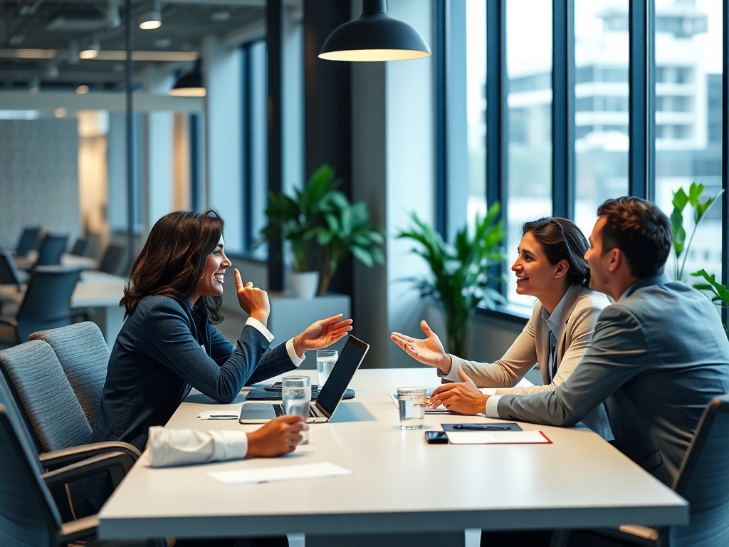 professional sharing updates in meeting, confident but calm, modern workspace