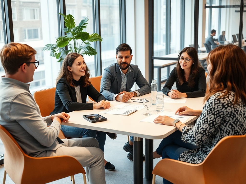 small team discussion around table, collaborative planning session, modern office