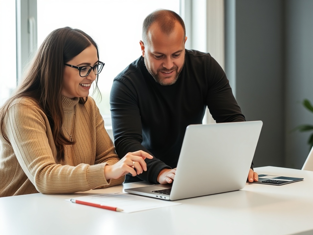 two colleagues reviewing work together on laptop, collaborative improvement