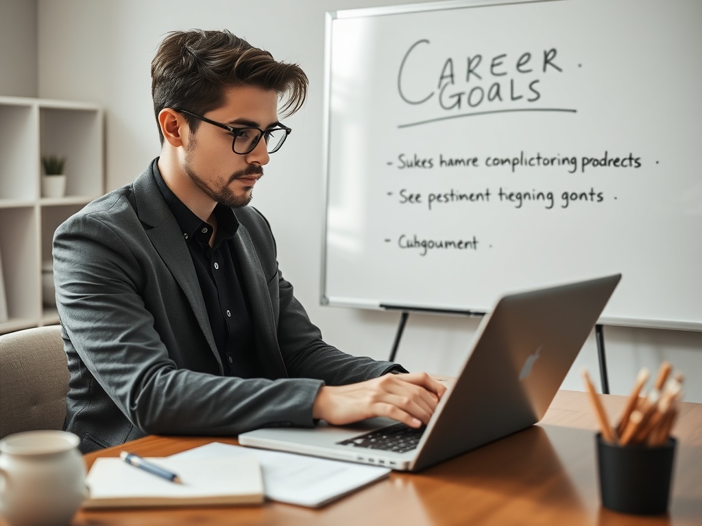 a focused professional working on a laptop with career goals written on a whiteboard