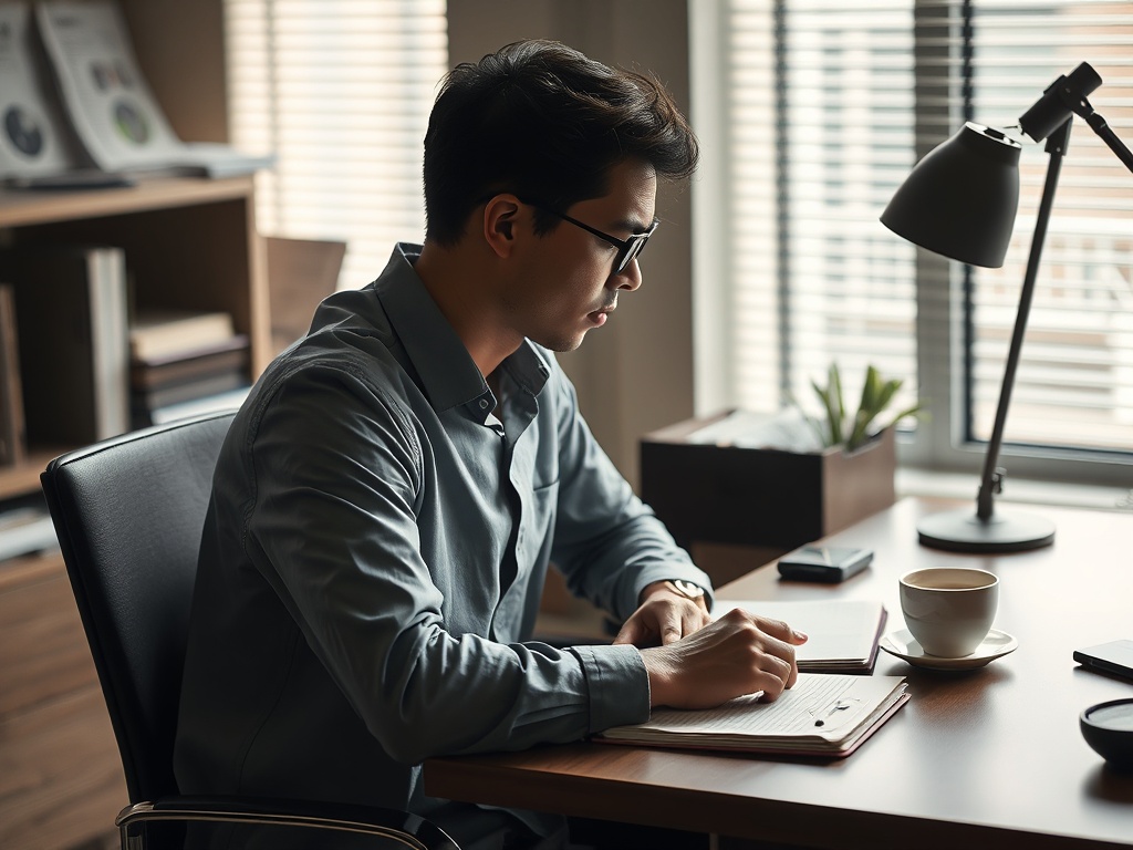 vivid description of a person reflecting on their career path, sitting at a desk with a notebook and coffee