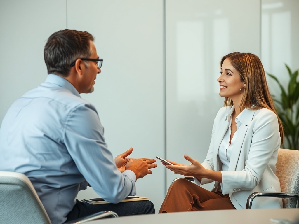 vivid description of a mentor giving feedback to a young professional woman in a meeting room, discussing career development