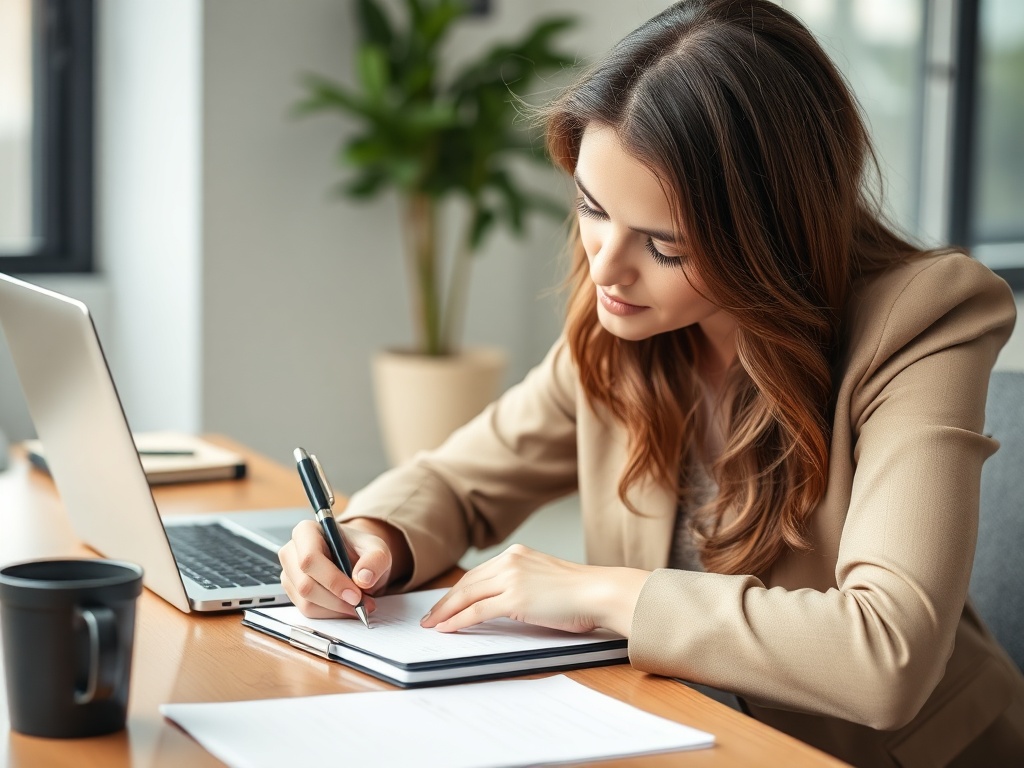 vivid description of a professional woman writing her career goals on a notepad with a laptop in the background