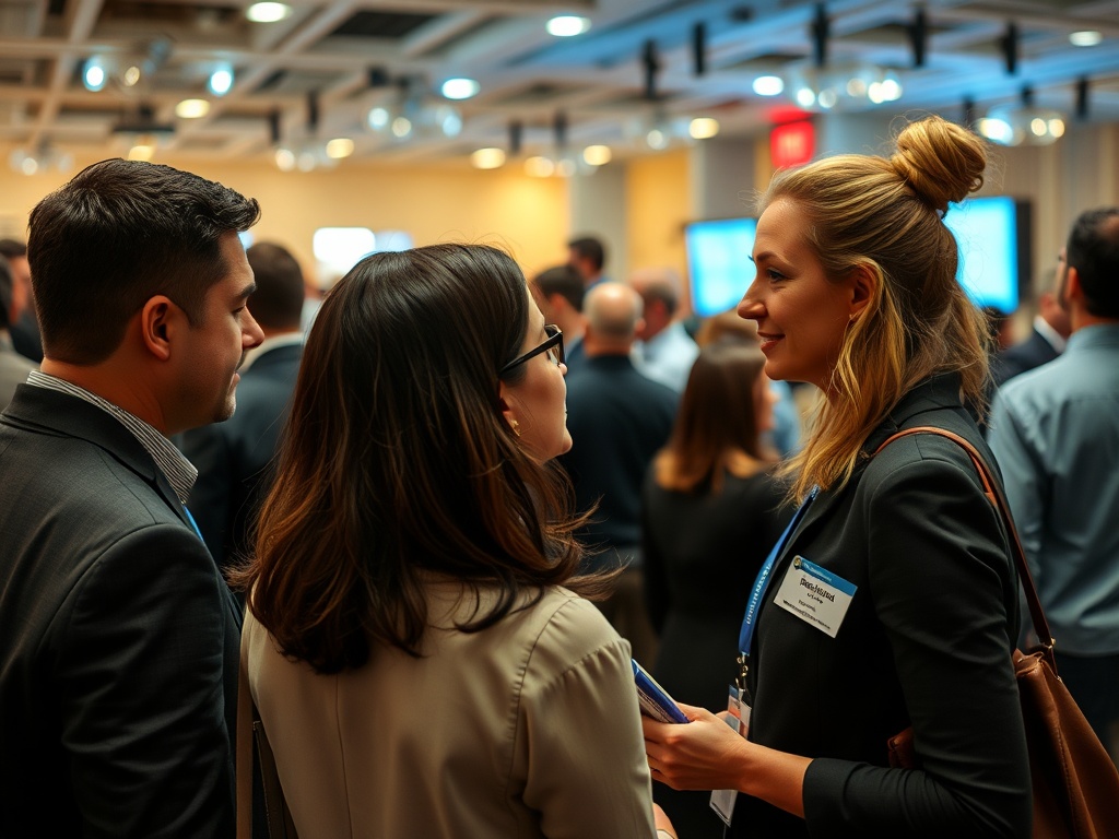 vivid description of a woman networking at a conference, engaging with industry experts in a bustling room