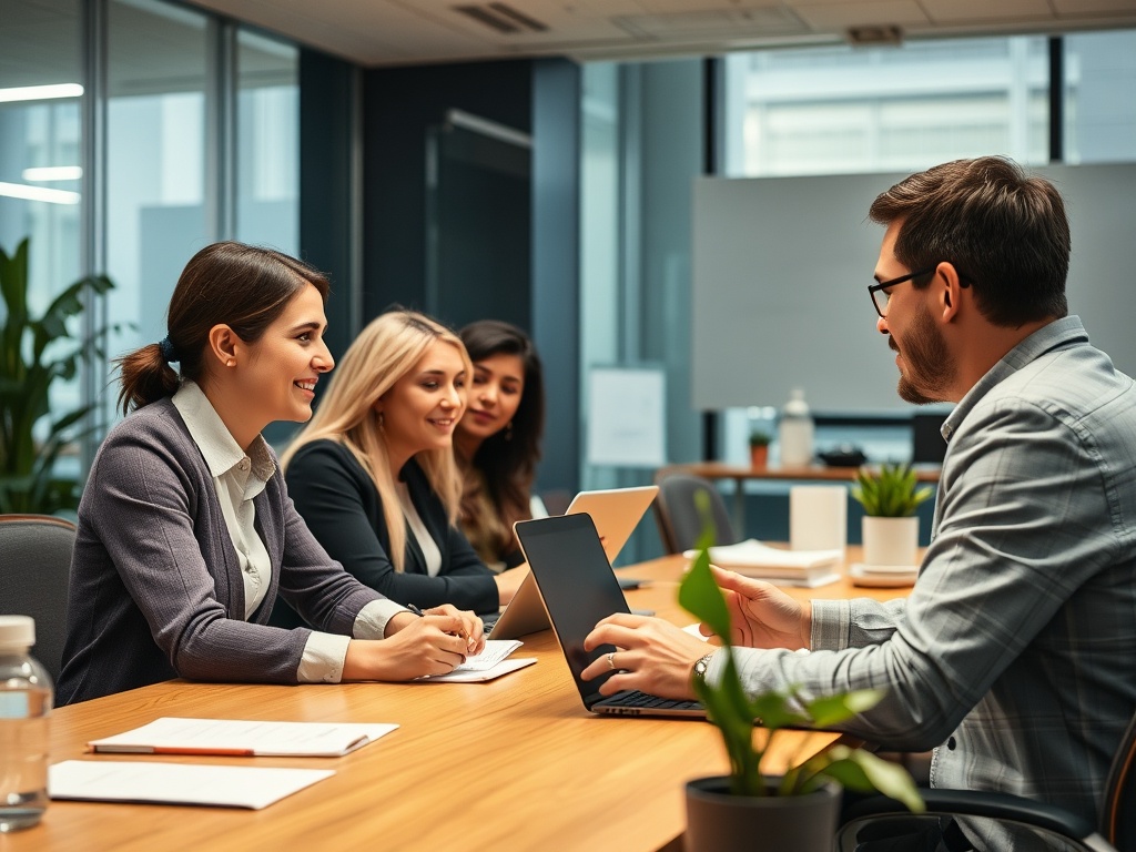 vivid description of professional growth in a modern office setting with a team collaborating and a mentor guiding the way