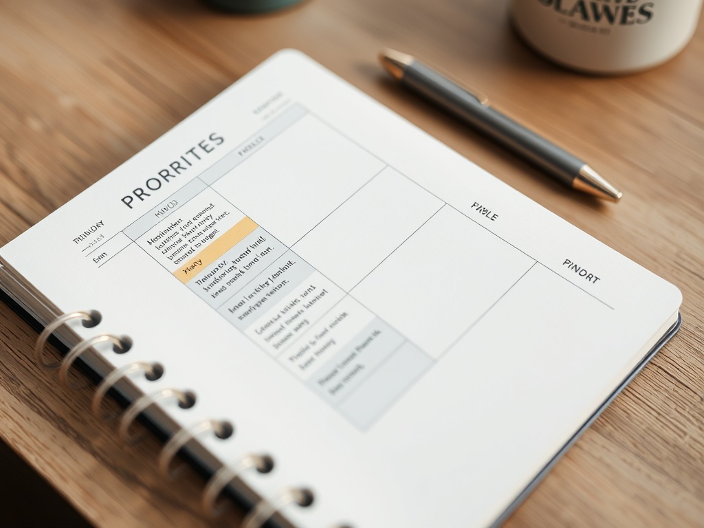 close-up of a weekly planner with highlighted priorities, minimalist workspace, pen and notebook, organized and intentional vibe