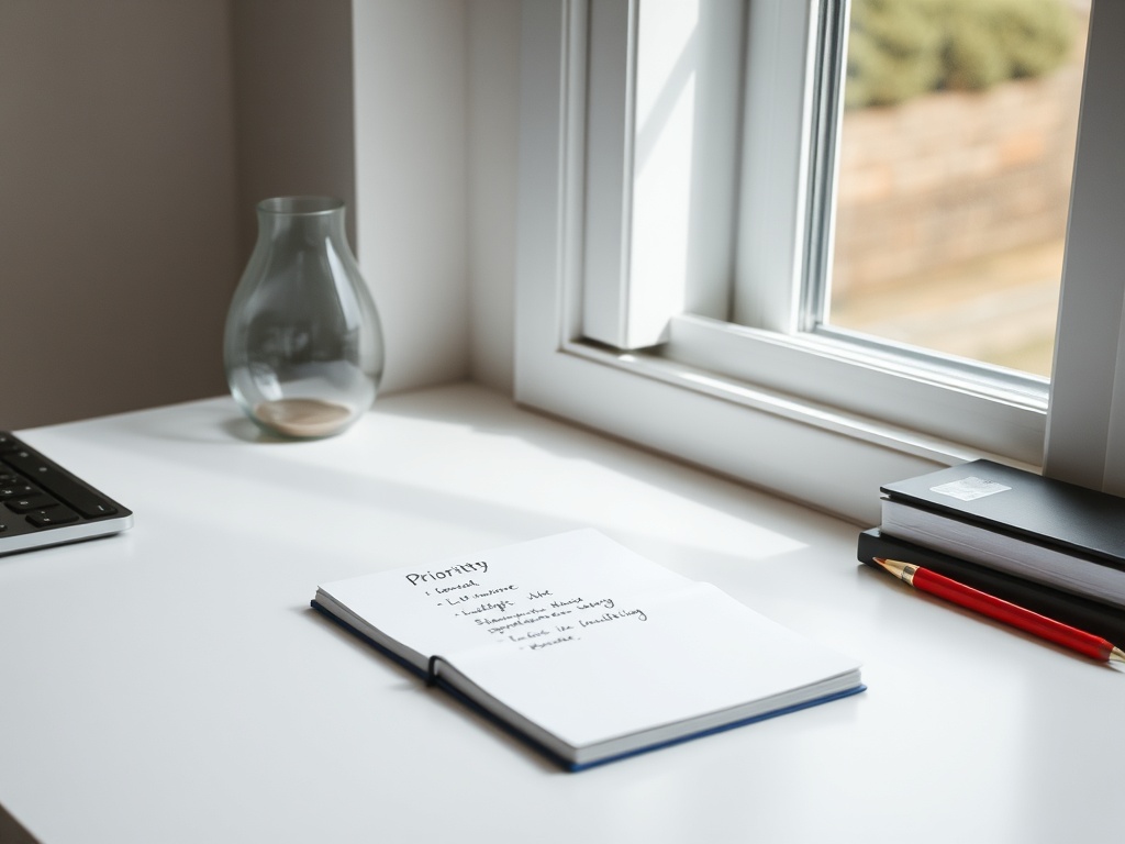 minimalist desk with a single notebook and bold handwritten priorities, calm focused atmosphere, sunlight through window