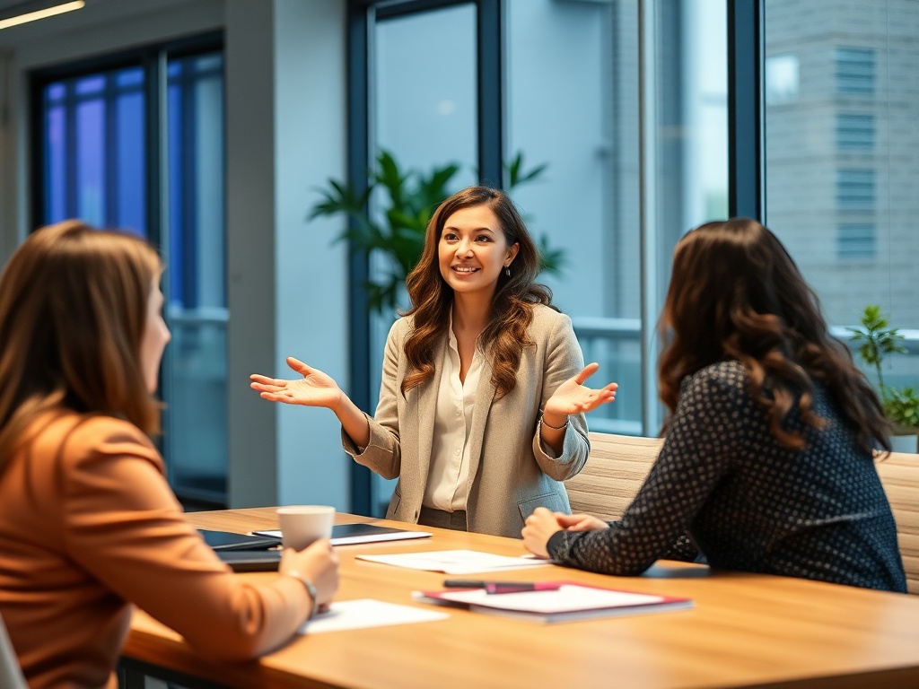 professional woman confidently presenting ideas in a meeting, colleagues engaged, modern office environment, leadership presence