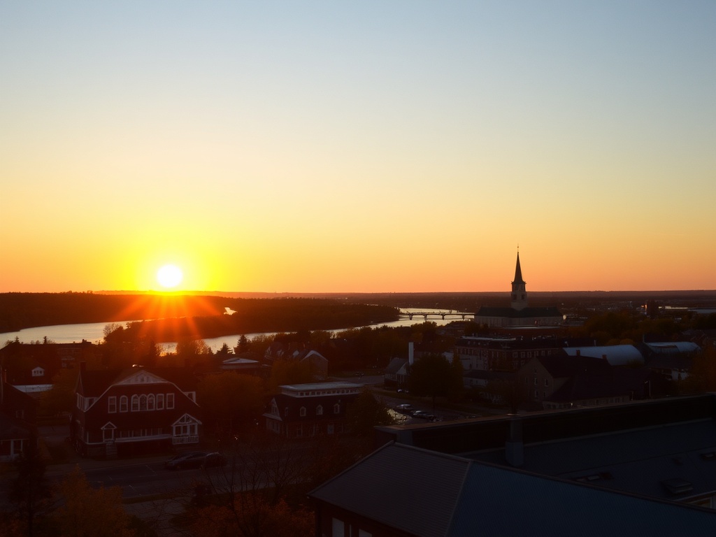 sunset over Carleton Place, showing the river and local architecture