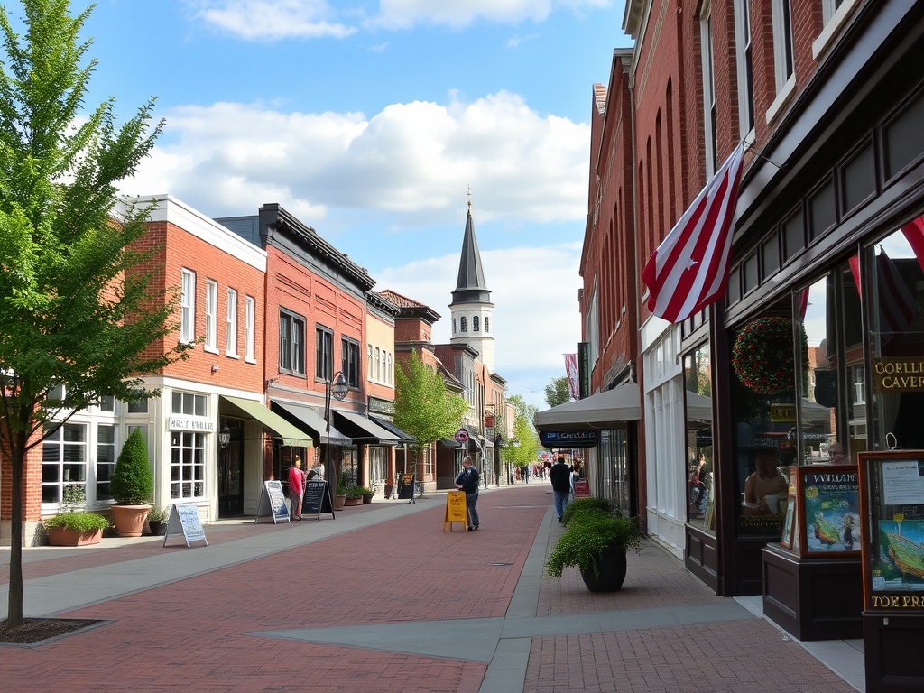 charming small town Ontario main street, boutique shops, quiet sidewalks, local charm