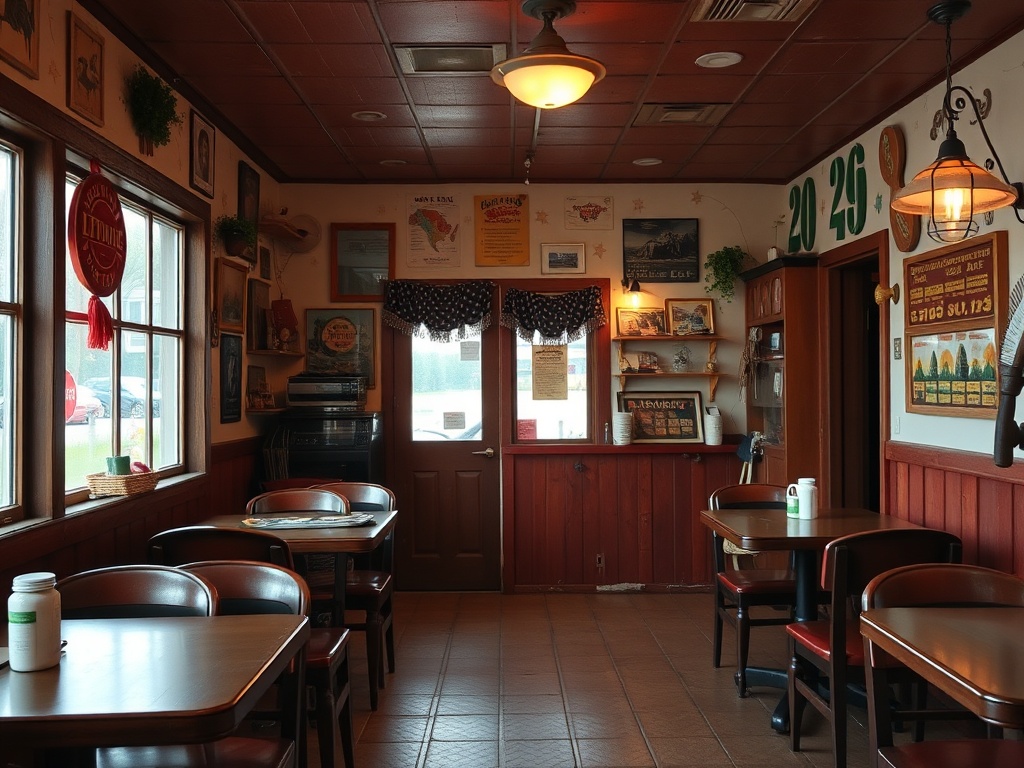 cozy small town lunch spot interior, simple decor, hearty meal, welcoming atmosphere Ontario
