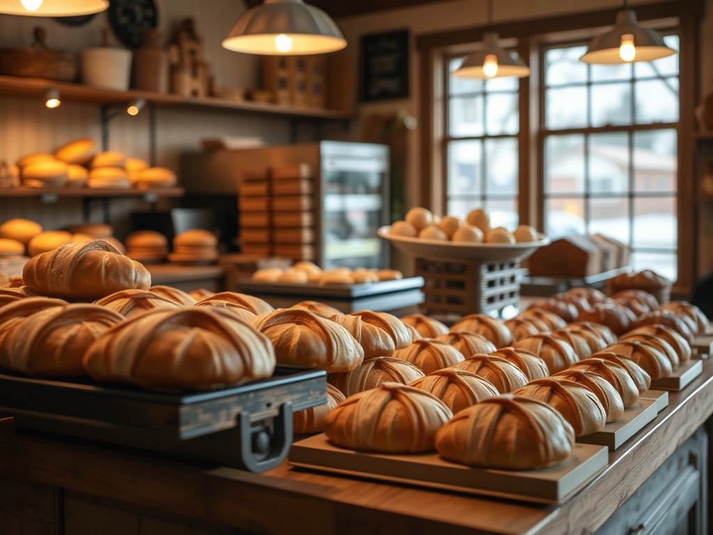 fresh baked pastries in small town Ontario bakery, croissants, breads, warm lighting, rustic display