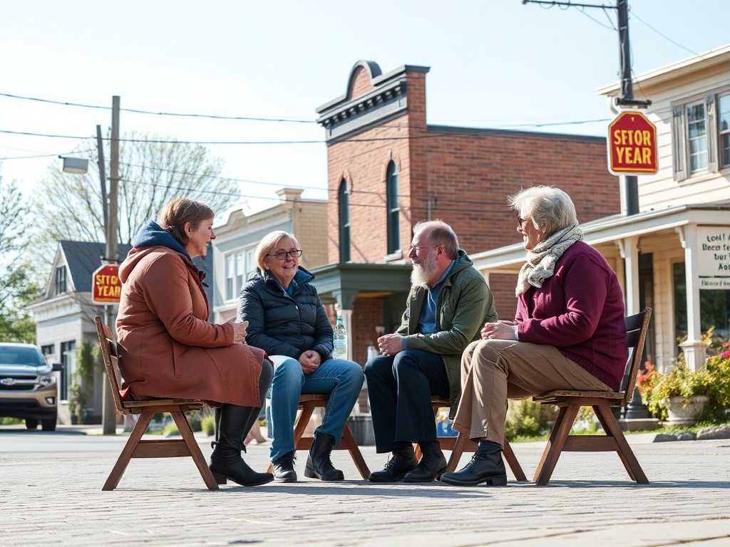 friendly small town conversation, neighbors chatting, warm human connection Ontario
