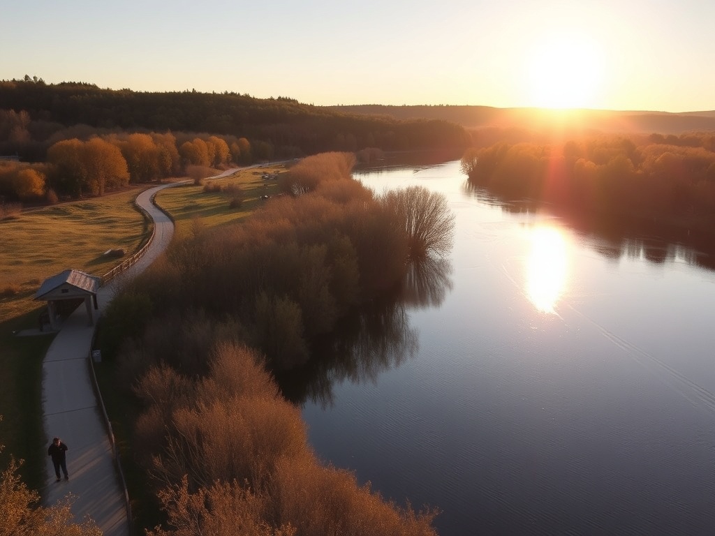 golden hour over Nation River Casselman, calm water, soft sunlight, walking trail, peaceful Ontario landscape
