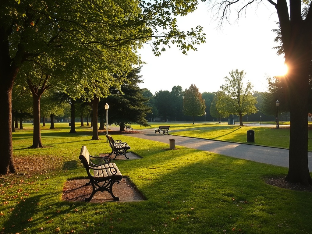 quiet local park in Casselman Ontario, benches, trees, open space, calm afternoon