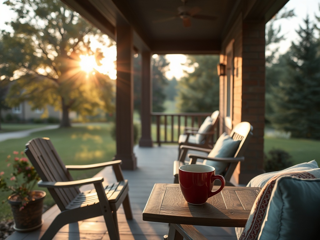 quiet peaceful morning in Casselman, coffee on porch, calm atmosphere, slow living Ontario