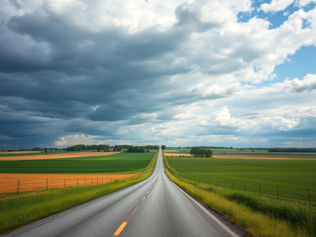 rural Ontario farmland road, wide open fields, dramatic sky, peaceful countryside near Casselman