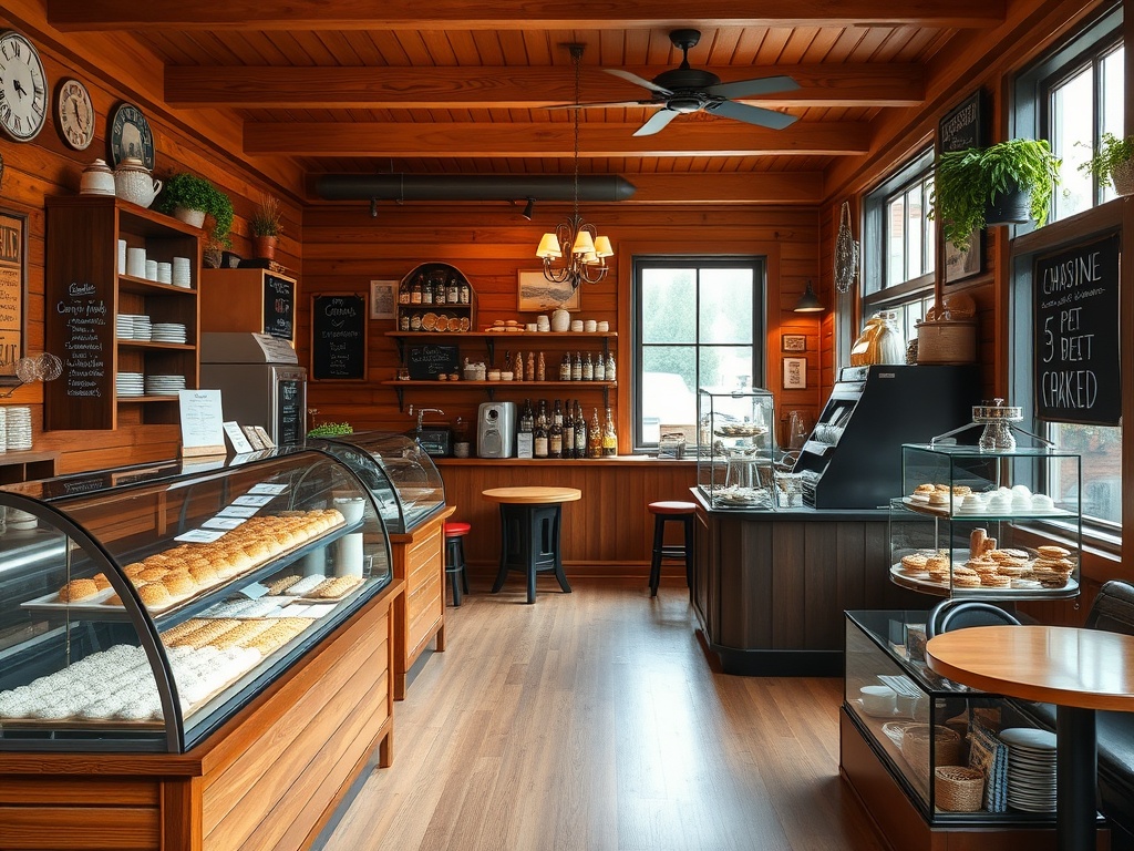 charming cafe in Casselman with warm wooden interiors, a variety of baked goods on display, and a cozy atmosphere