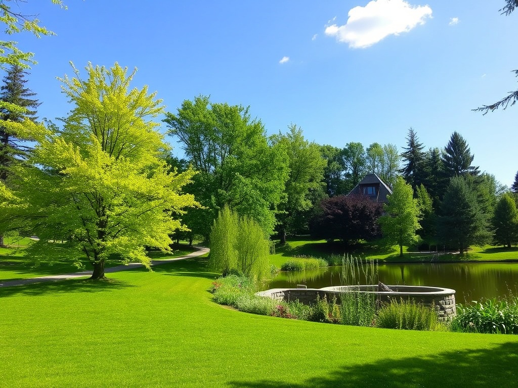 lush green park in Casselman, trees, walking paths, and a peaceful pond