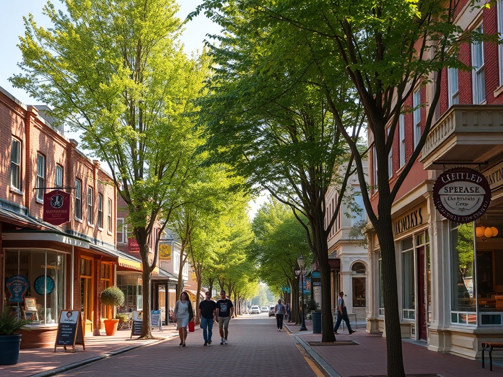 vivid description of a local street in Casselman with quaint shops, trees lining the street, and people walking around enjoying the day