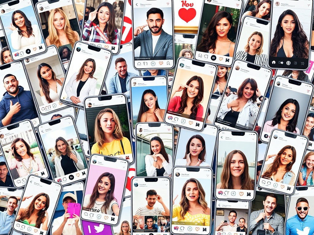 A dynamic collage of social media apps, with celebrity influencers posting photos and interacting with fans.