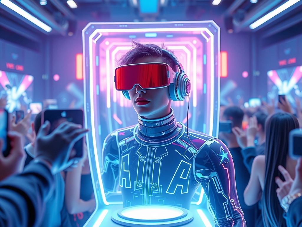A futuristic concept of a digital celebrity in a virtual world, interacting with fans in real-time.