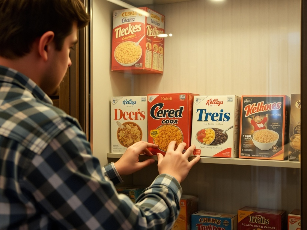 person organizing and preserving vintage cereal boxes in a display case