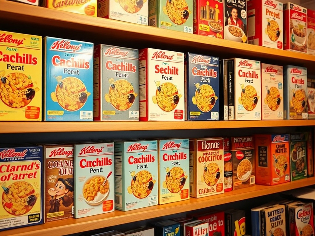 a carefully arranged collection of vintage cereal boxes on shelves, warm lighting, mid-century packaging designs, collector aesthetic