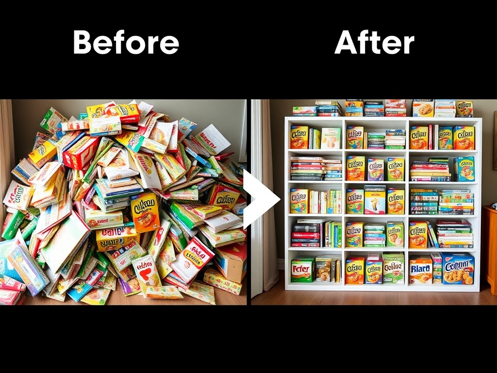 before and after comparison of a cereal box collection upgrade, messy pile vs curated display, transformation concept