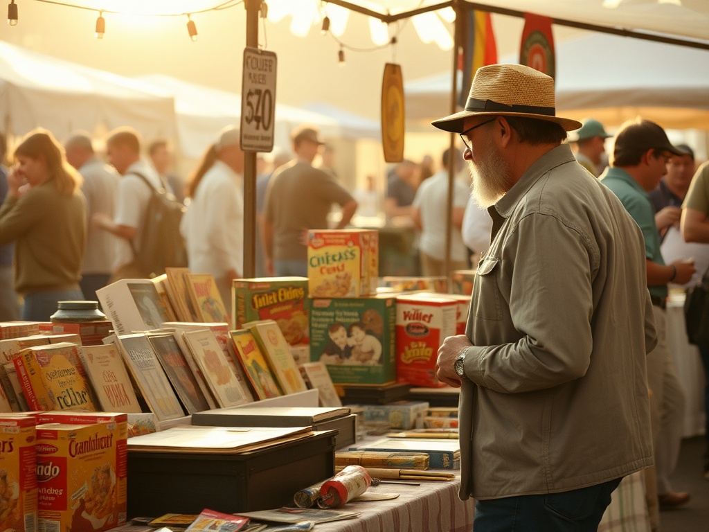 collector browsing a flea market table filled with vintage paper goods and cereal boxes, early morning light, treasure hunt vibe